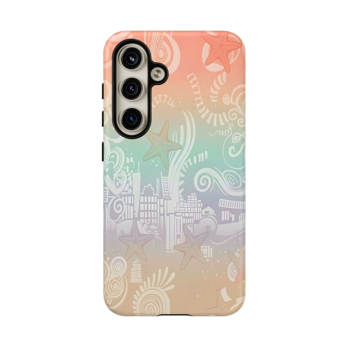Tough Cases: Pastel Beach Pattern Phone Case — Starfish & Coastal Cityscape Protective Cover