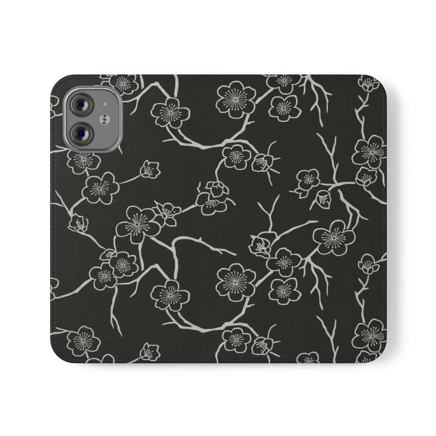 Black Cherry Blossom Flip Phone Case – Floral Wallet Flip Case with Card Slots