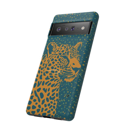 Leopard Print Tough Phone Case — Gold Panther on Teal, Protective iPhone Cover