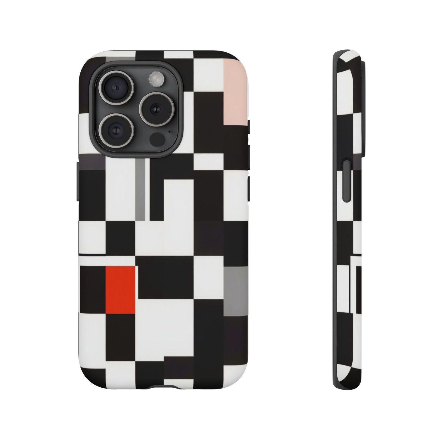 Abstract Geometric Phone Case – Black & White Checker Grid with Red Accent