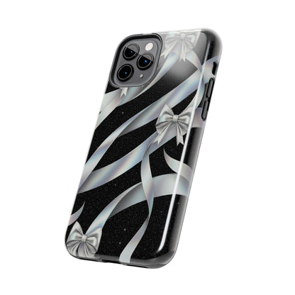 Silver Ribbon Bow Tough Phone Case — Glitter Black Protective Phone Case
