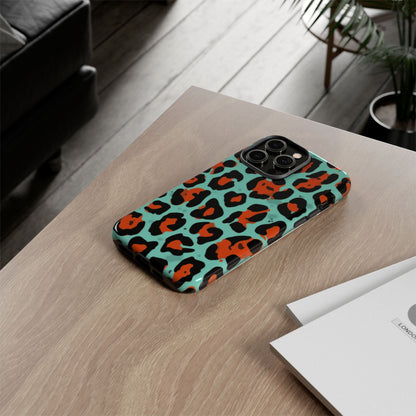 Leopard Print Tough Phone Case — Teal & Rust Protective iPhone Cover