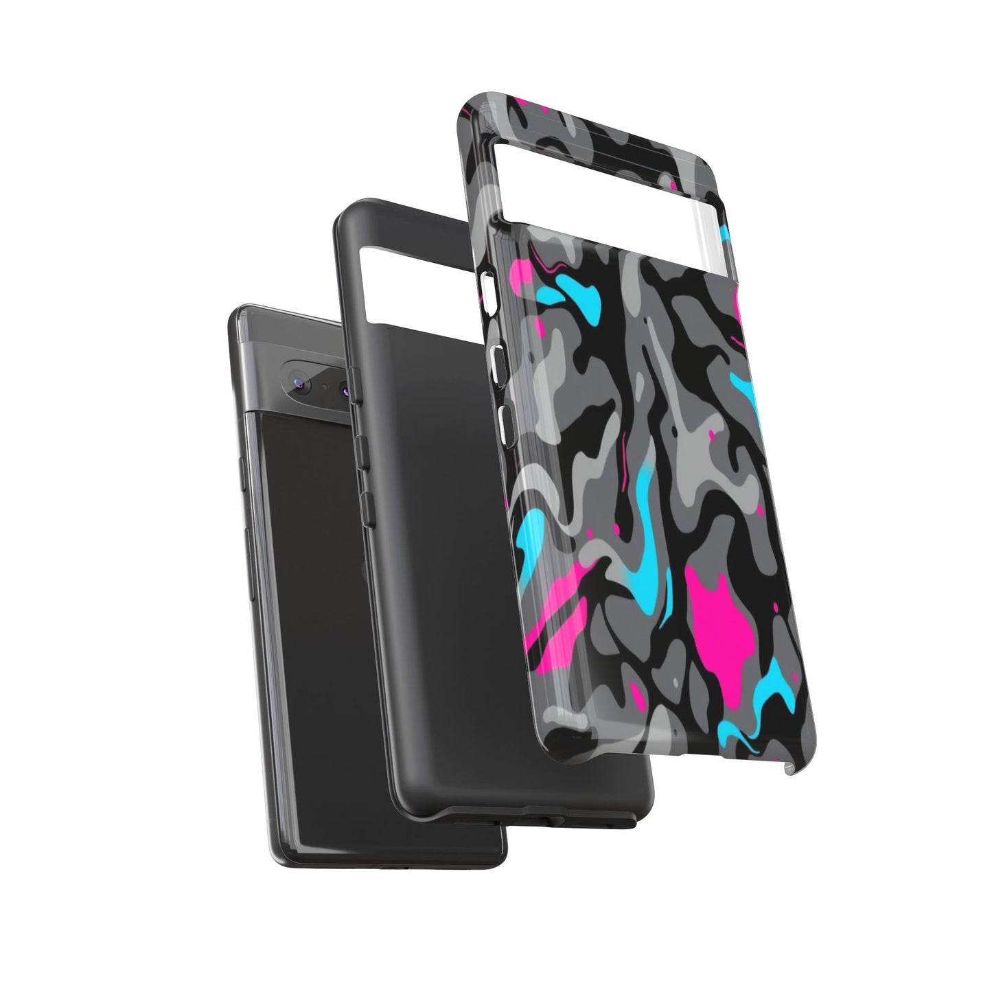 Camouflage Phone Case — Gray Camo with Neon Pink & Cyan Accent Tough Protective Cover