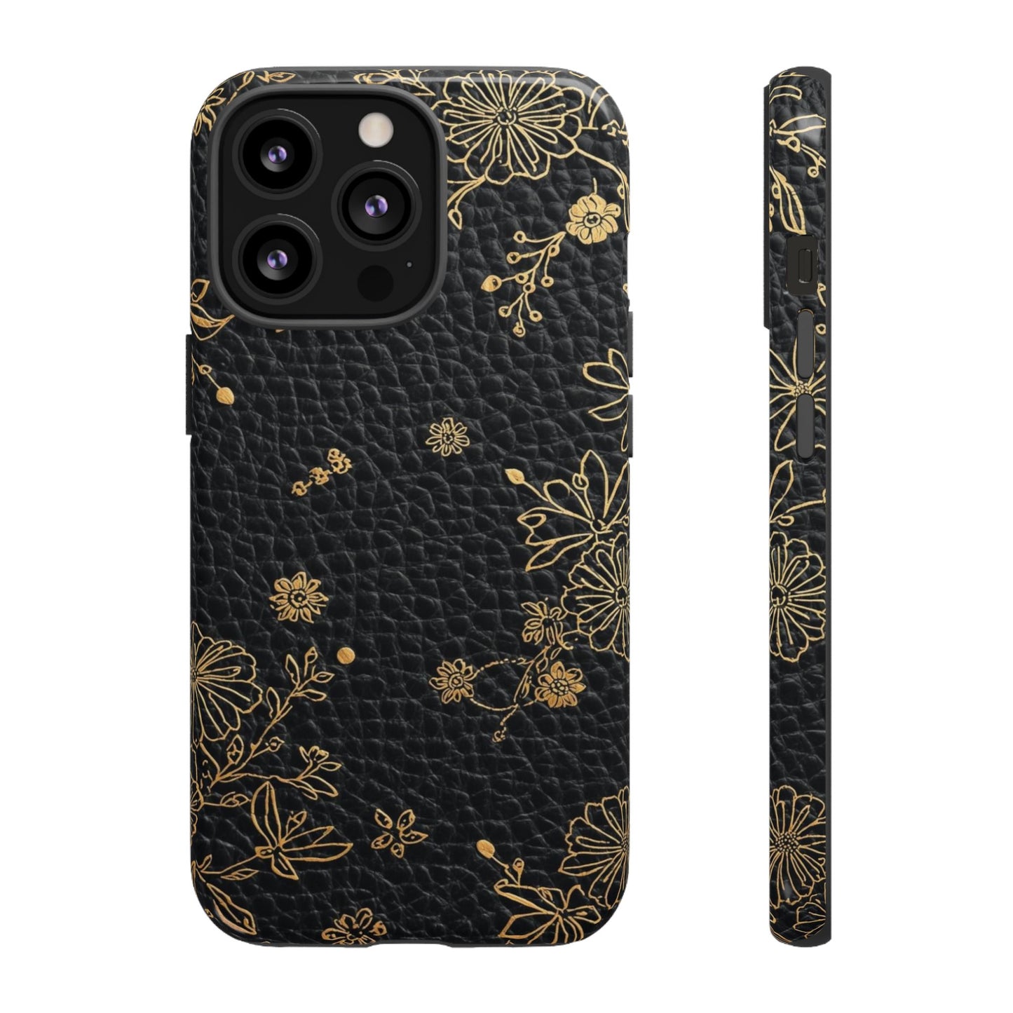Floral Gold Foil Leather Texture Tough Phone Case
