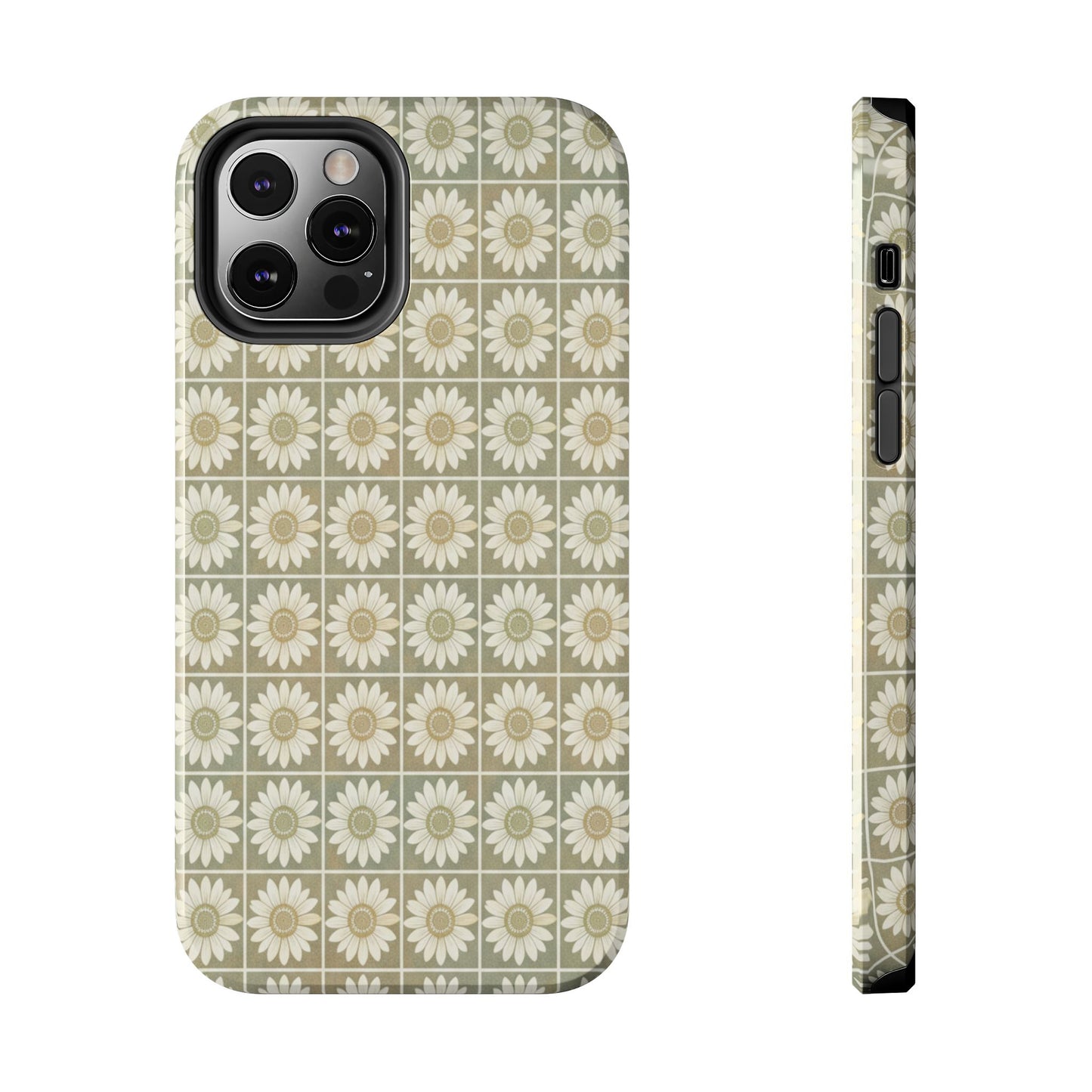 Daisy Tile Tough Phone Case — Retro Floral Protective Phone Cover