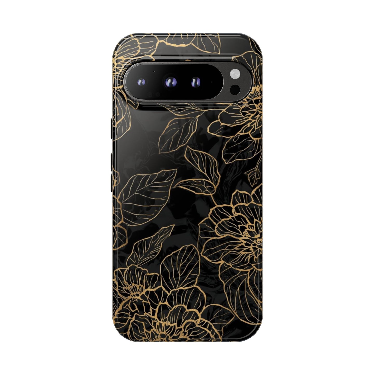 Floral Gold Outline Tough Phone Case – Black Botanical Protective Cover
