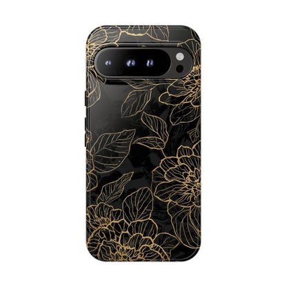 Floral Gold Outline Tough Phone Case – Black Botanical Protective Cover