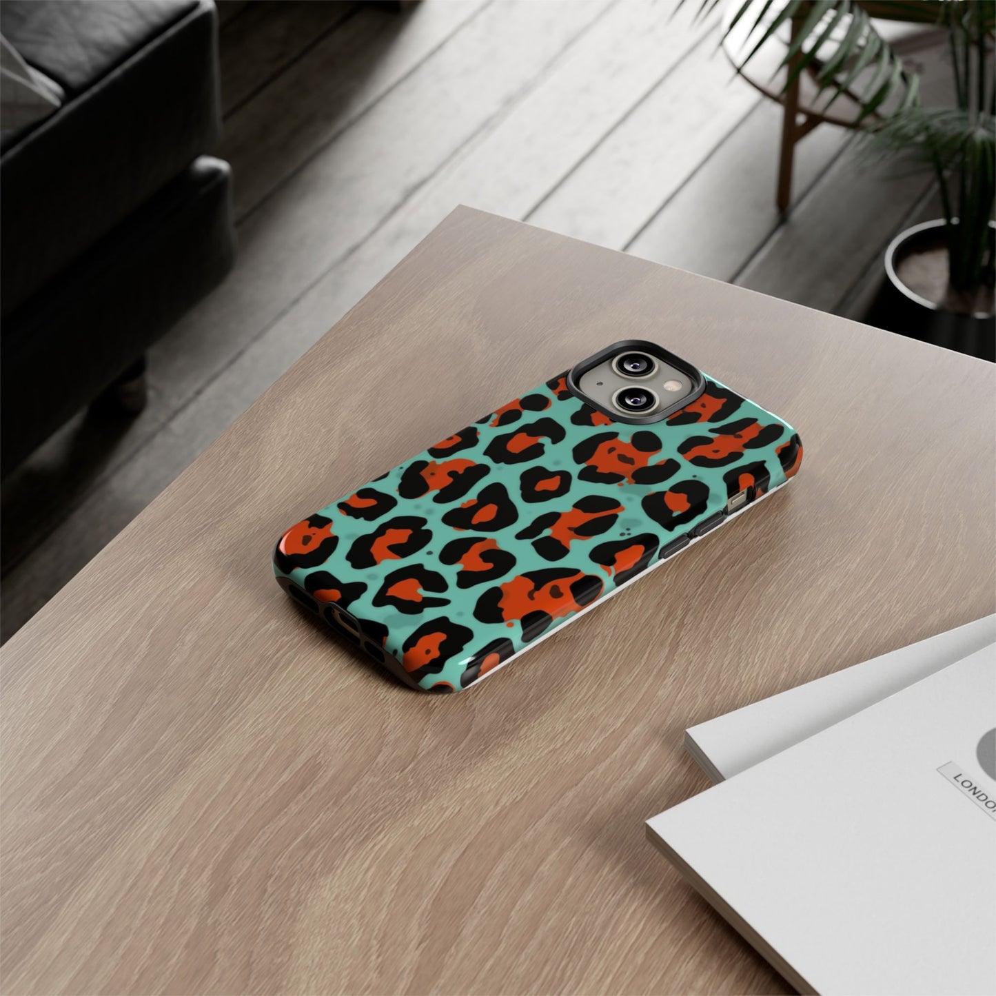 Leopard Print Tough Phone Case — Teal & Rust Protective iPhone Cover