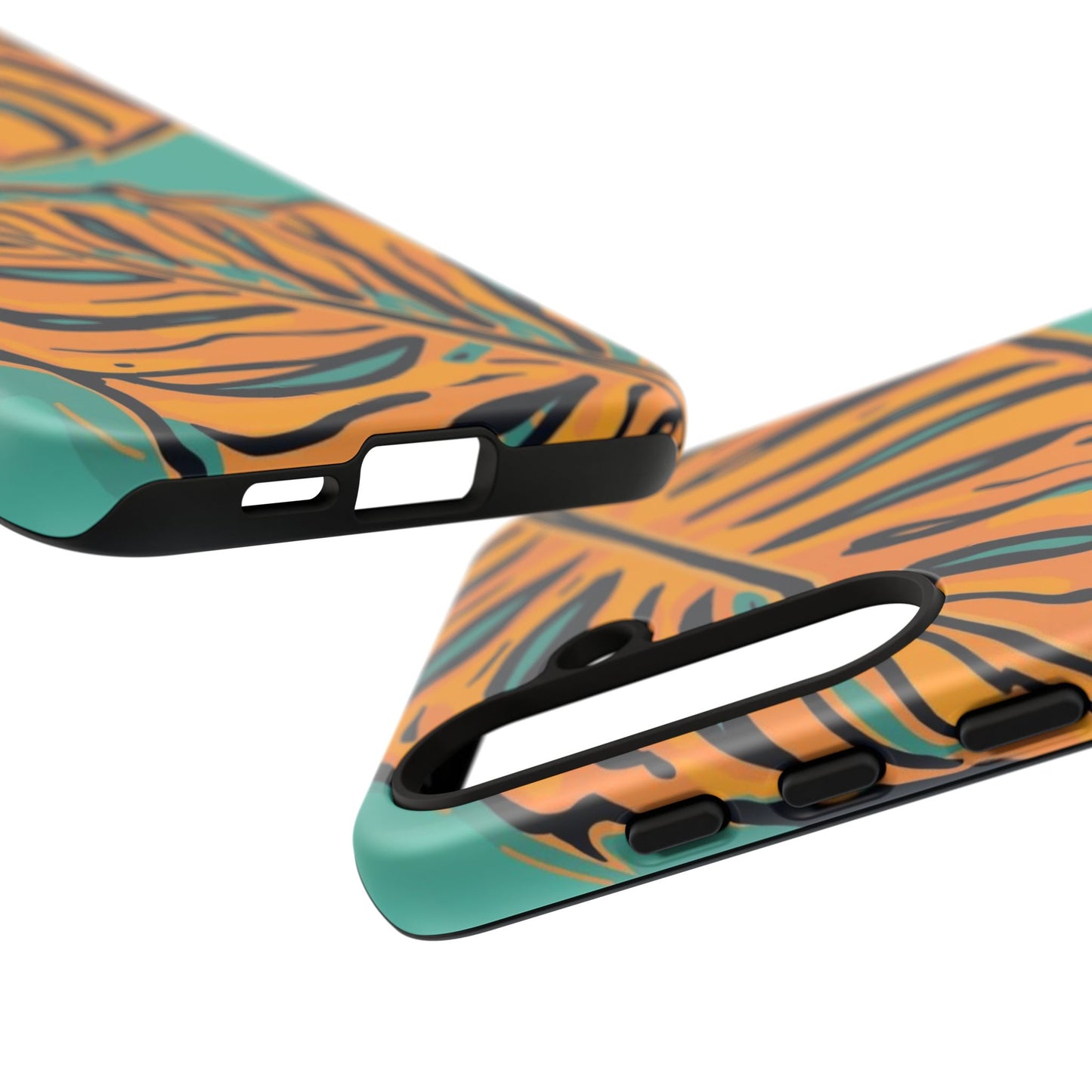 Tropical Leaf Tough Phone Case — Orange Monstera Design on Teal