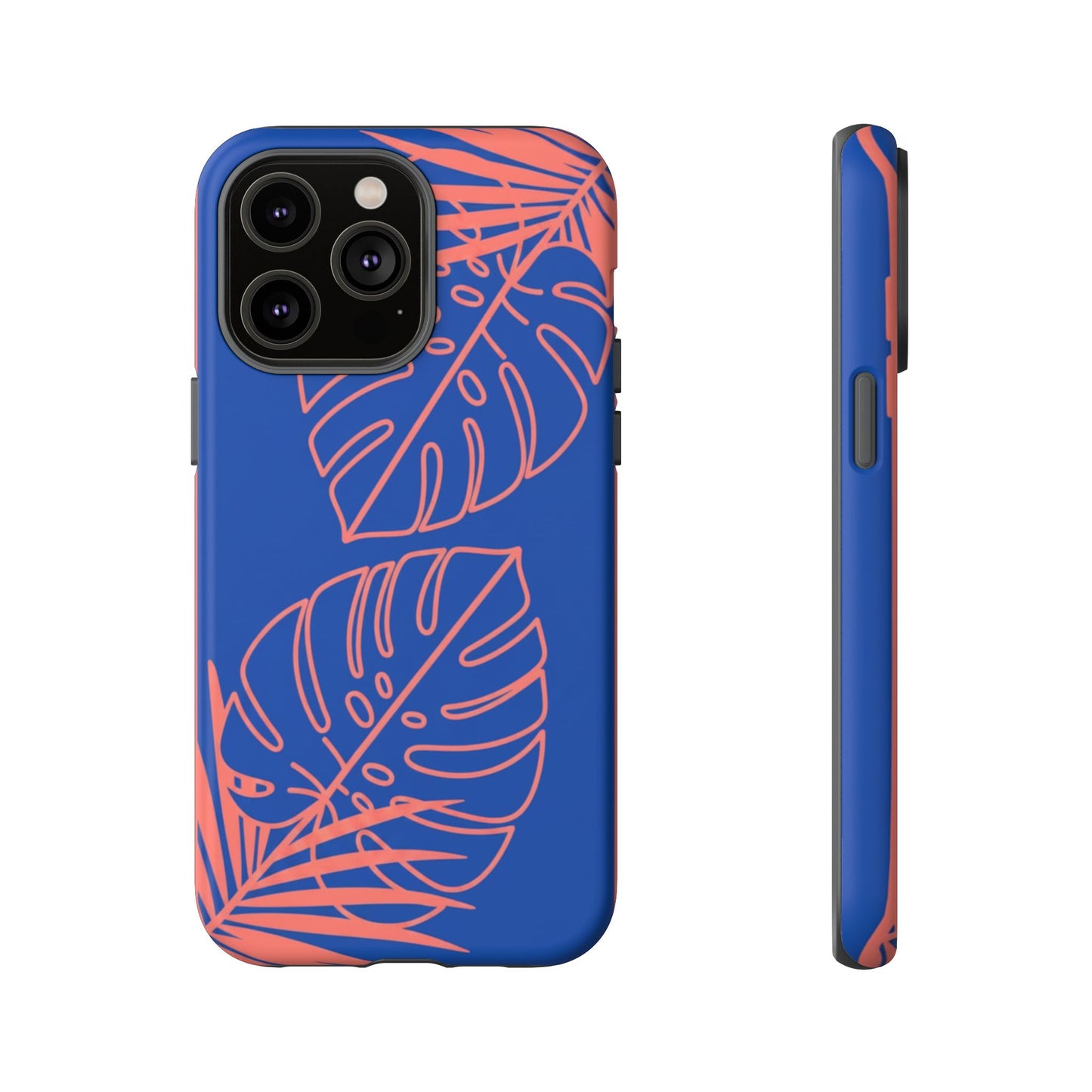 Tropical Monstera Phone Case — Blue & Coral Leaf Protective Cover