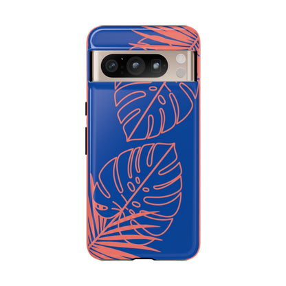 Tropical Monstera Phone Case — Blue & Coral Leaf Protective Cover