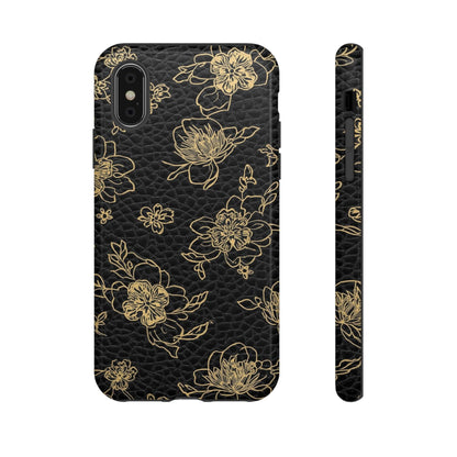 Floral Leather Phone Case — Gold Outline Flowers on Black Tough Case