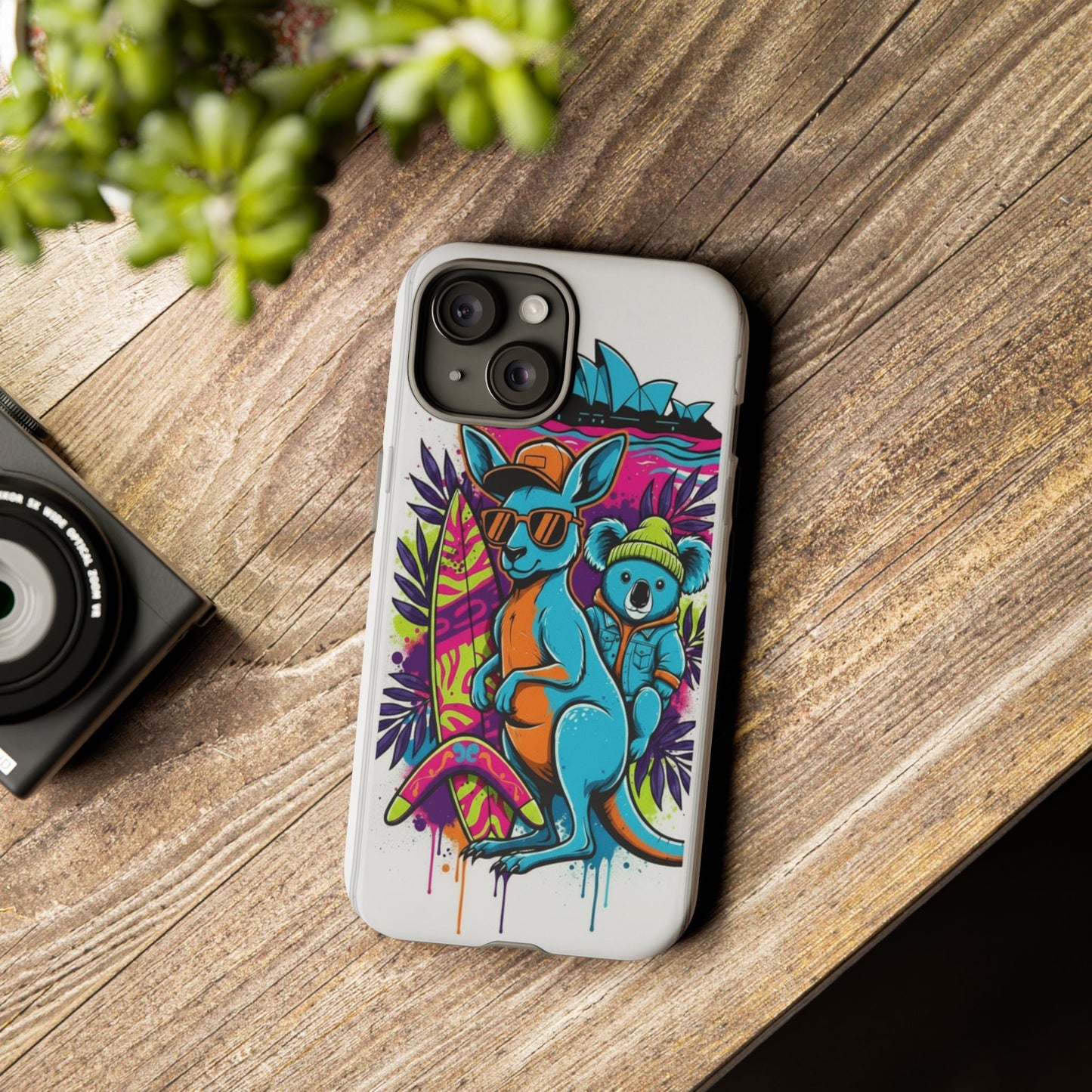 Kangaroo & Koala Surf Phone Case — Retro Neon Beach Art Tough Case