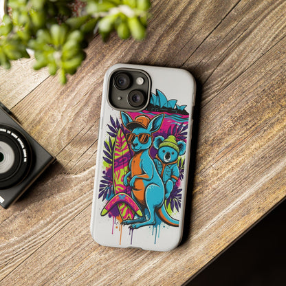 Kangaroo & Koala Surf Phone Case — Retro Neon Beach Art Tough Case