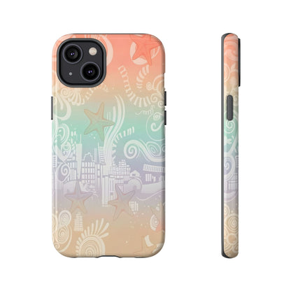 Tough Cases: Pastel Beach Pattern Phone Case — Starfish & Coastal Cityscape Protective Cover