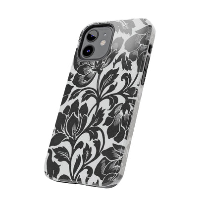 Tough Phone Case — Black & White Vintage Floral Protective Cover