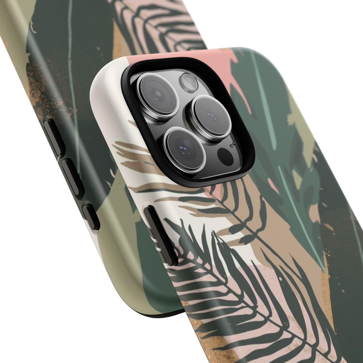 Tropical Leaf Tough Phone Case — Abstract Pink & Green Botanical Protective Cover