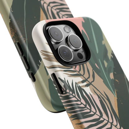 Tropical Leaf Tough Phone Case — Abstract Pink & Green Botanical Protective Cover