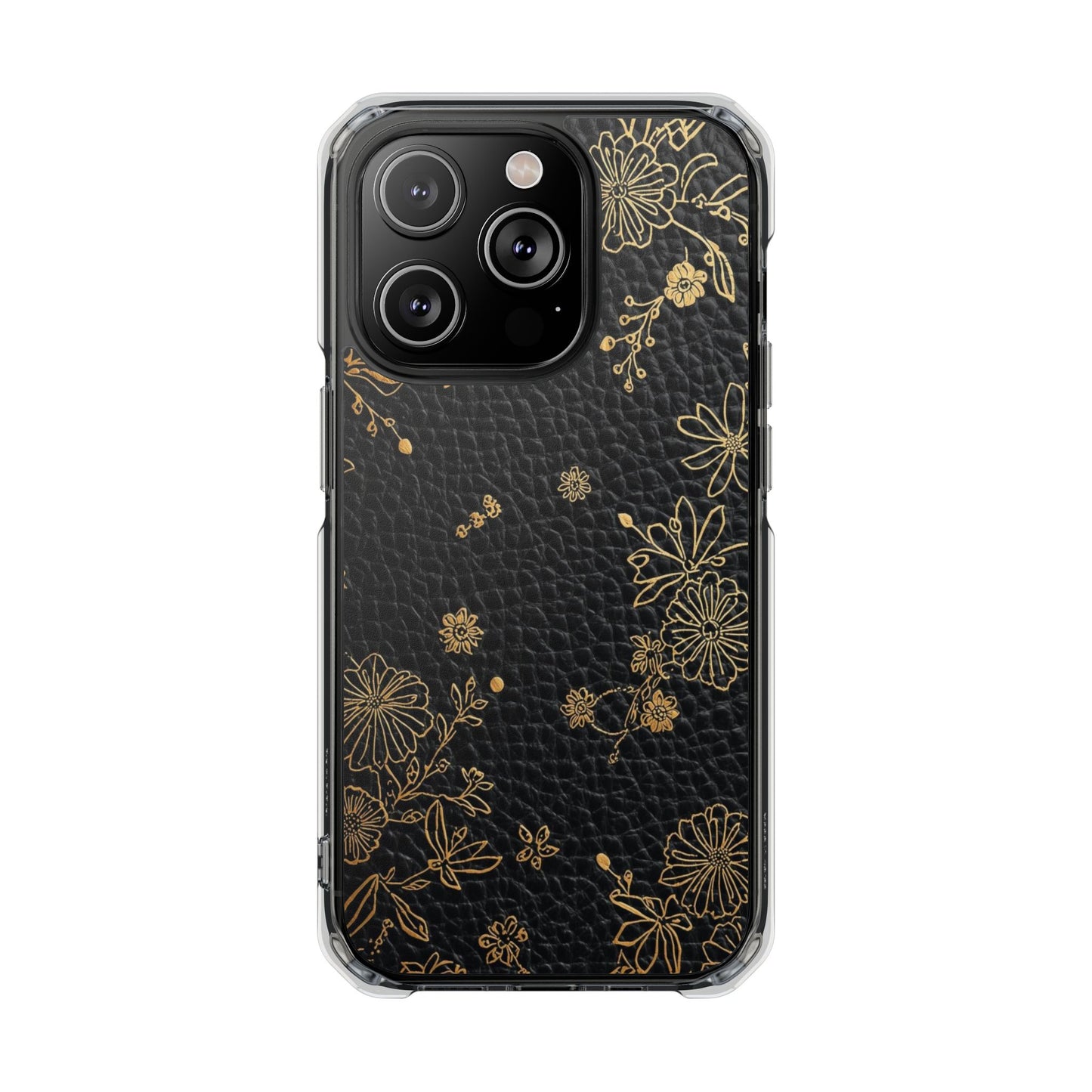 Clear Impact Phone Case — Black Leather Texture with Gold Floral Foil