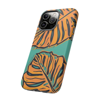 Tropical Leaf Tough Phone Case — Orange Monstera Design on Teal
