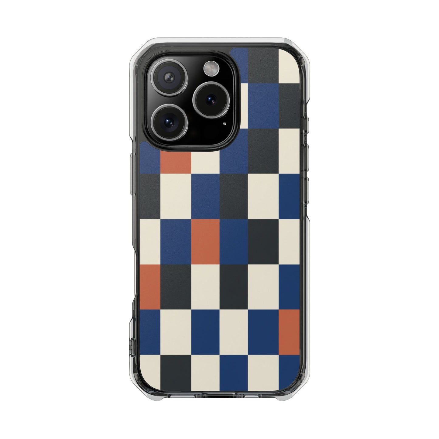 Clear Magnetic Phone Case — Retro Checkerboard Pattern (Blue, Black & Rust)