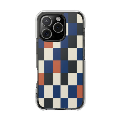 Clear Magnetic Phone Case — Retro Checkerboard Pattern (Blue, Black & Rust)