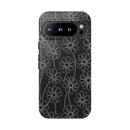 Floral Doodle Tough Phone Case — Black & Gray Daisy Pattern