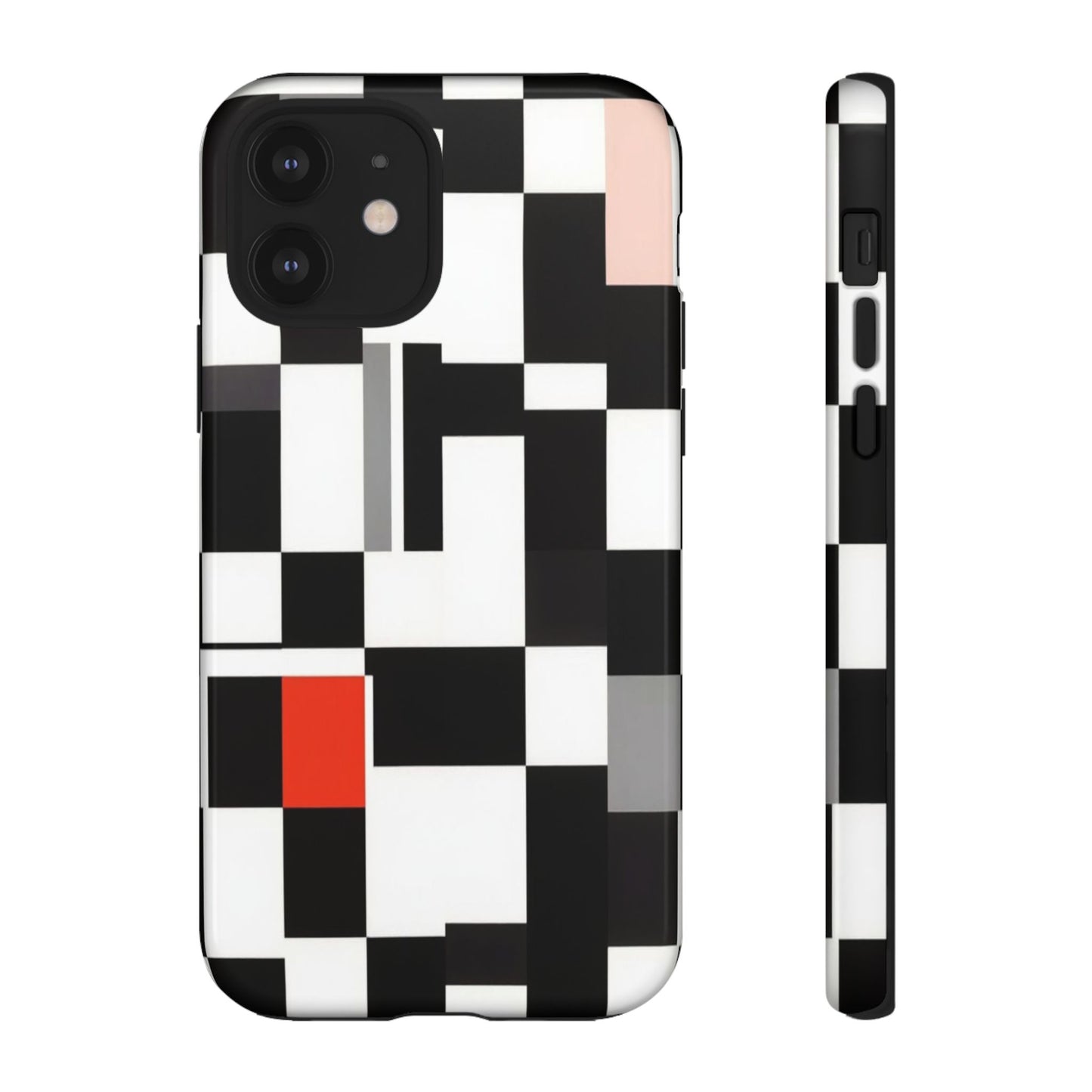 Abstract Geometric Phone Case – Black & White Checker Grid with Red Accent