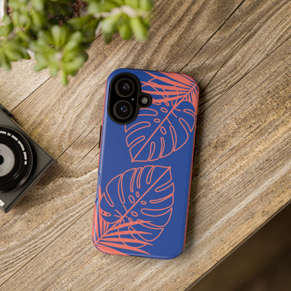 Tropical Monstera Phone Case — Blue & Coral Leaf Protective Cover