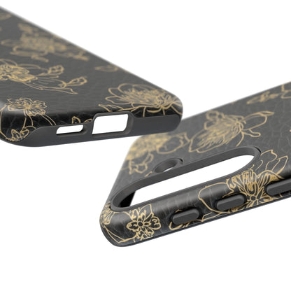 Floral Leather Phone Case — Gold Outline Flowers on Black Tough Case