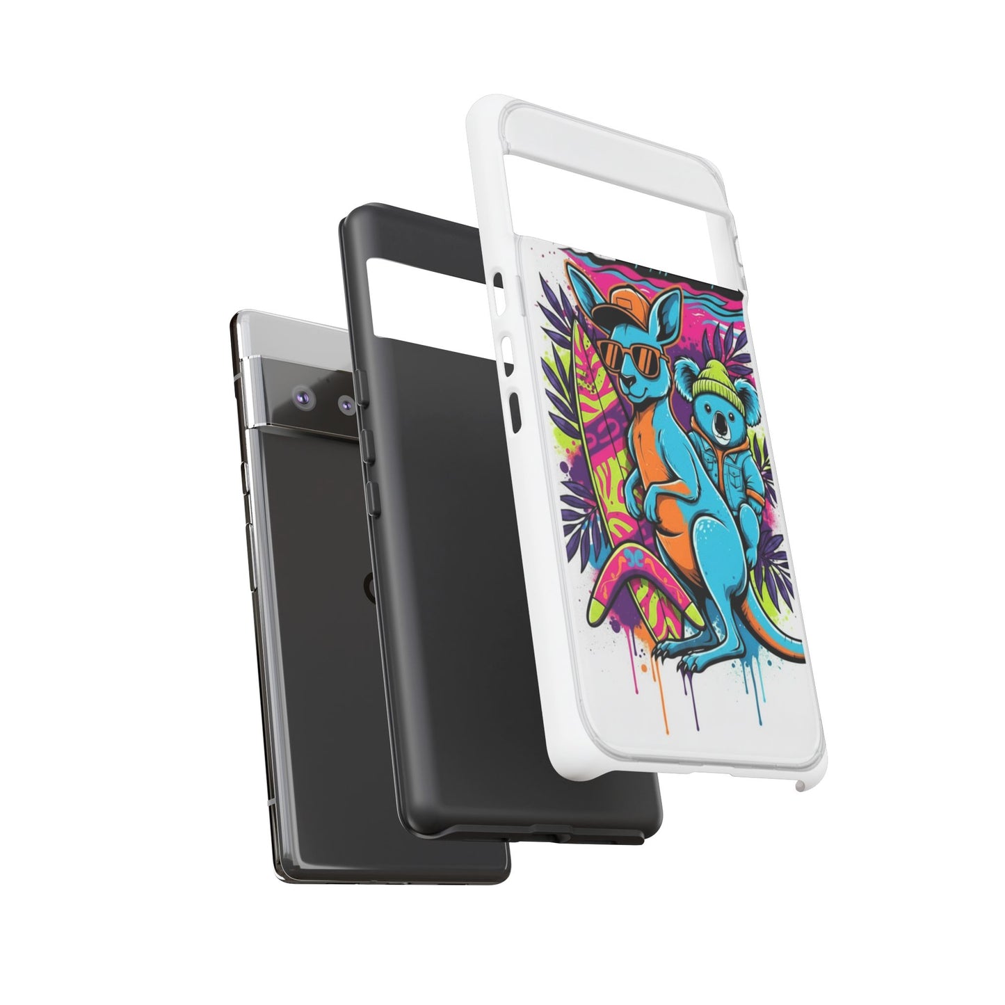 Kangaroo & Koala Surf Phone Case — Retro Neon Beach Art Tough Case
