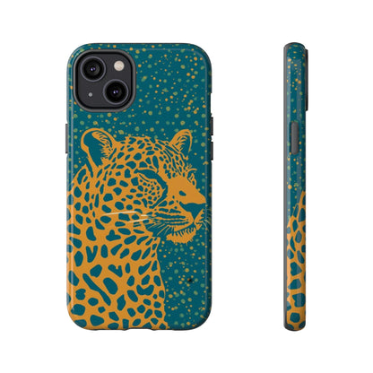 Leopard Print Tough Phone Case — Gold Panther on Teal, Protective iPhone Cover