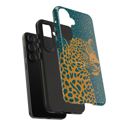 Leopard Print Tough Phone Case — Gold Panther on Teal, Protective iPhone Cover