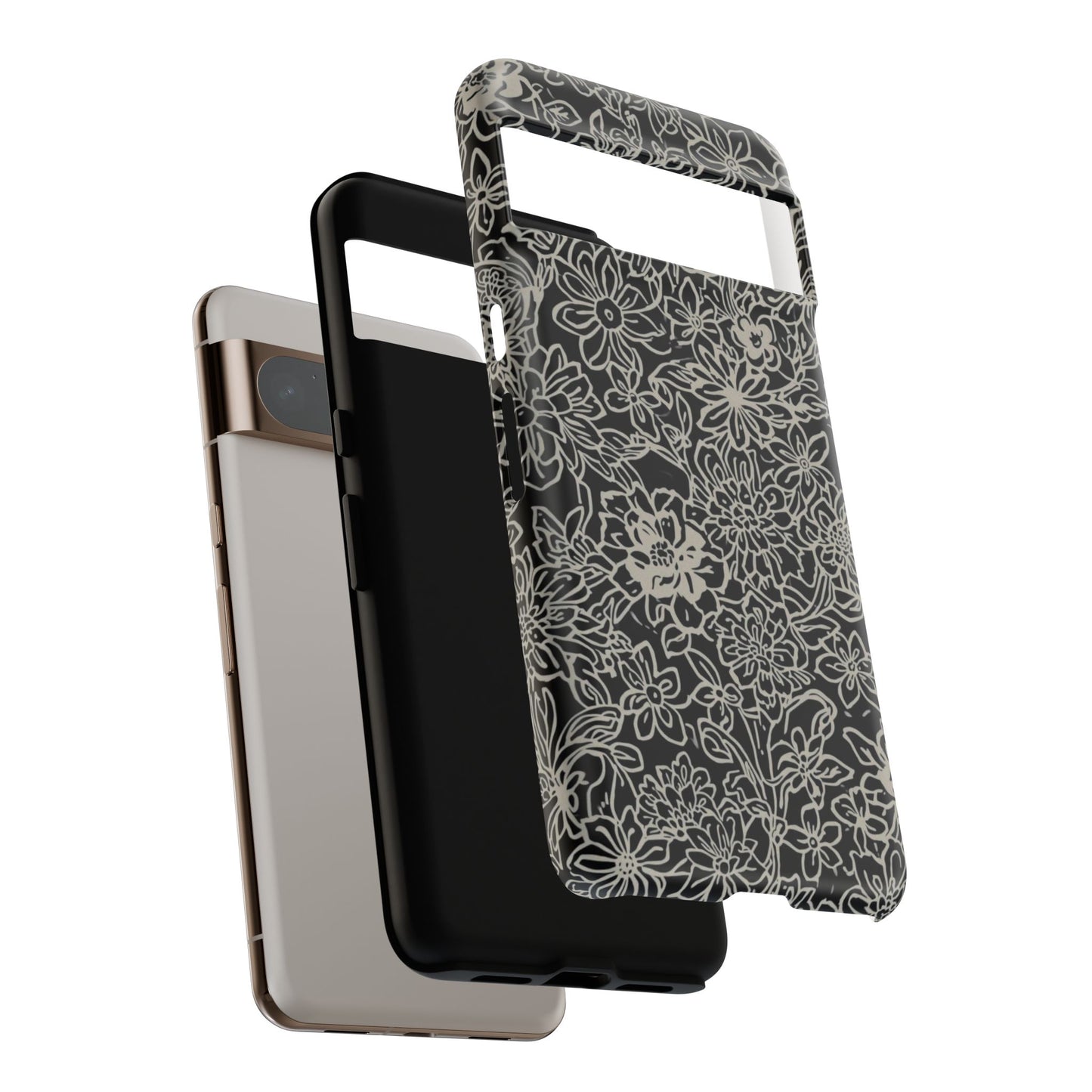 Floral Doodle Tough Phone Case — Black & White Sketch Flower Protective Cover