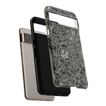 Floral Doodle Tough Phone Case — Black & White Sketch Flower Protective Cover