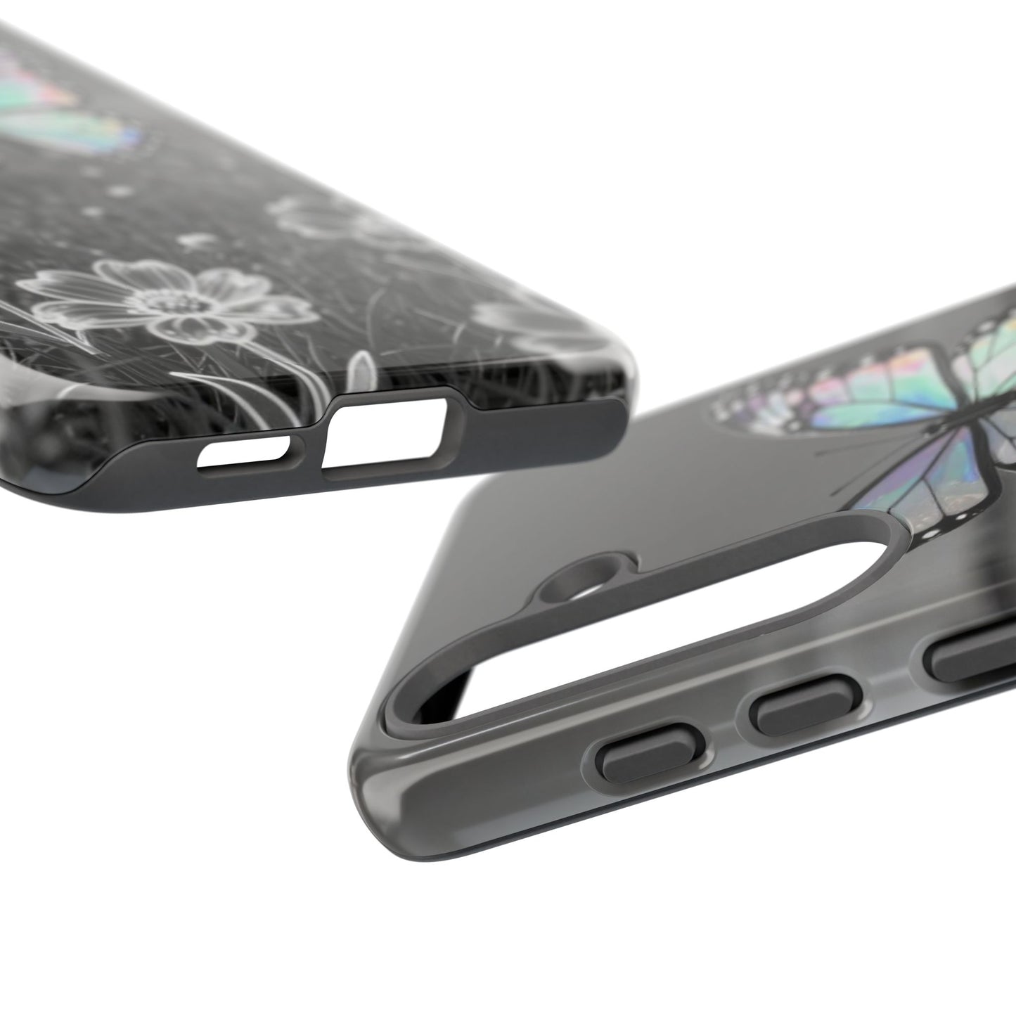 Butterfly Field Tough Phone Case — Pastel Holographic Butterfly on Black & White Floral Background