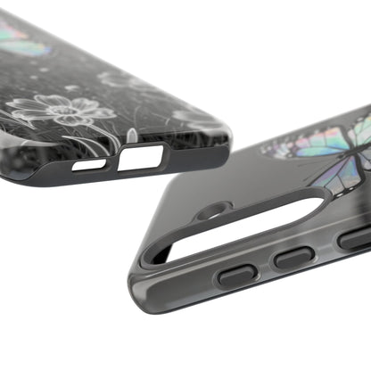 Butterfly Field Tough Phone Case — Pastel Holographic Butterfly on Black & White Floral Background