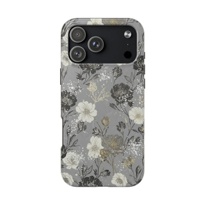 Floral Gray Tough Phone Case — Elegant Protective Phone Cover with Gold Accent