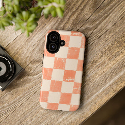 Peach Checkerboard Tough Phone Case — Retro Distressed Grid Design