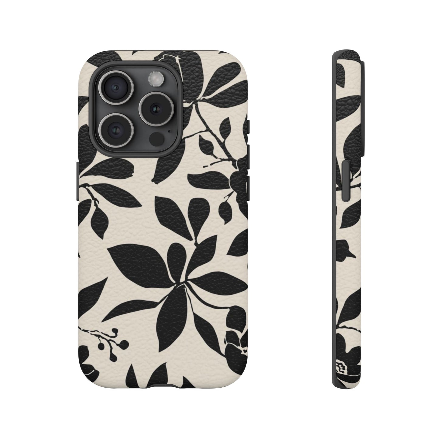 Black Floral Pattern Phone Case — Monochrome Botanical Tough Case