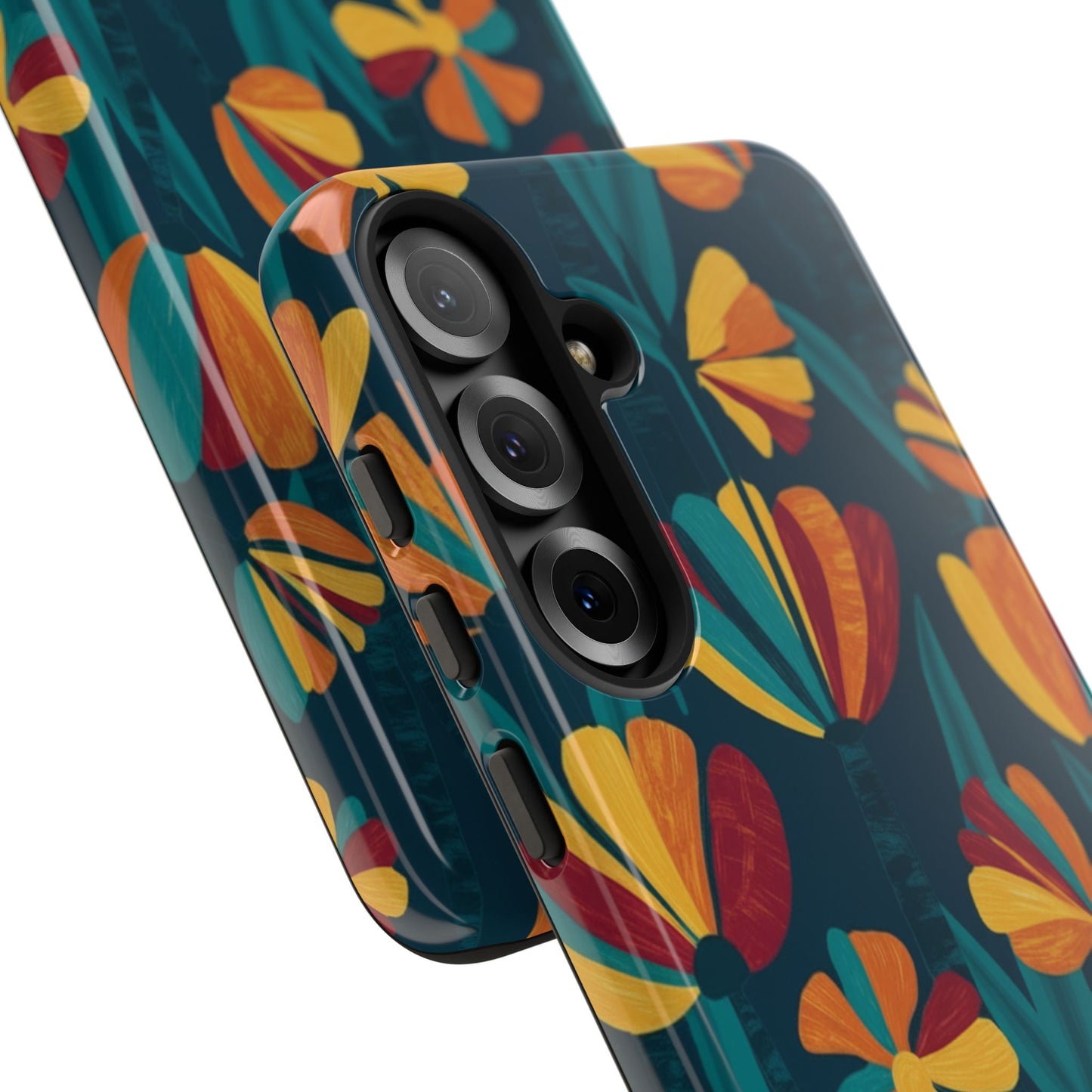 Floral Retro Teal Tough Phone Case — Vibrant Orange & Mustard Blooms