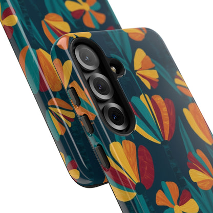 Floral Retro Teal Tough Phone Case — Vibrant Orange & Mustard Blooms