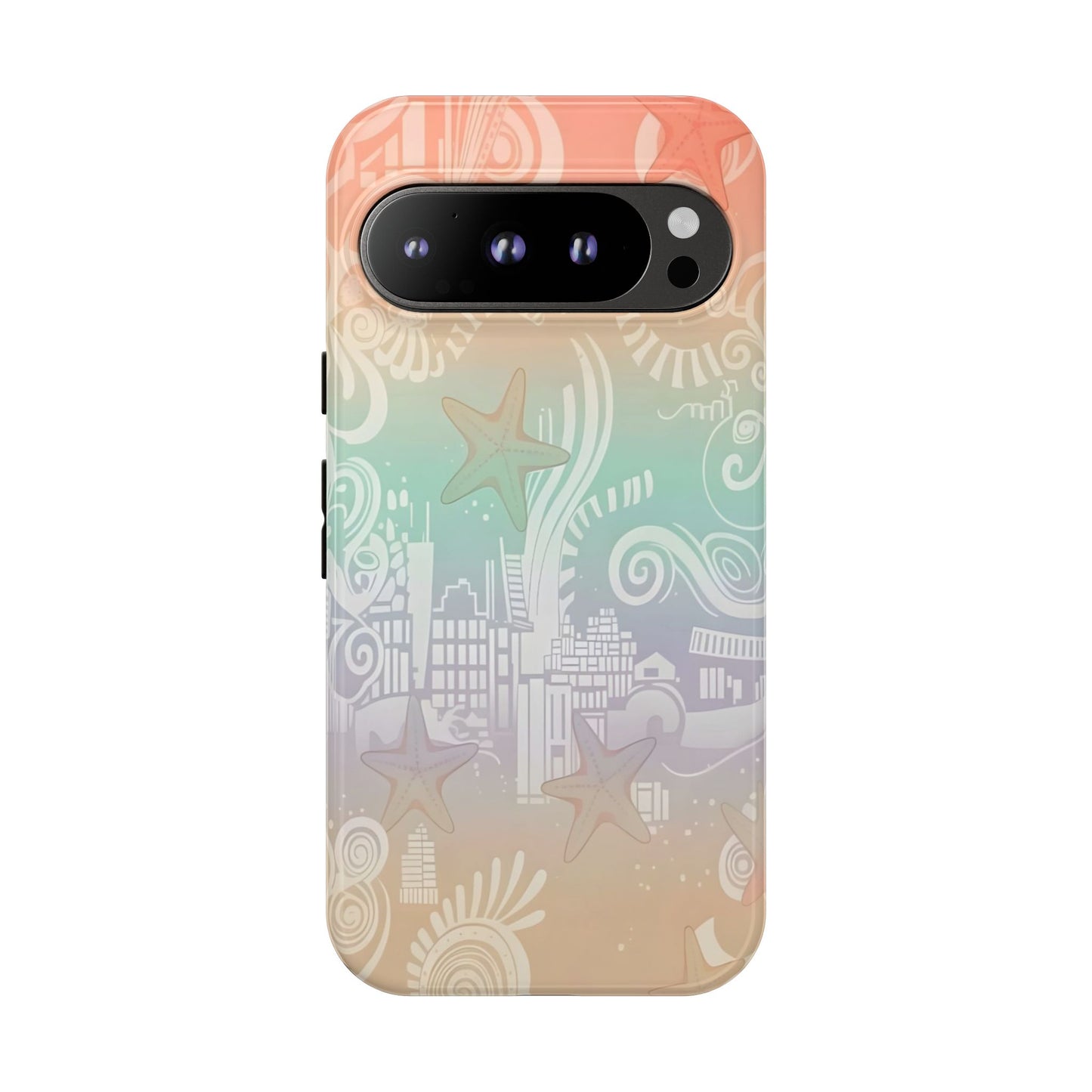 Tough Cases: Pastel Beach Pattern Phone Case — Starfish & Coastal Cityscape Protective Cover