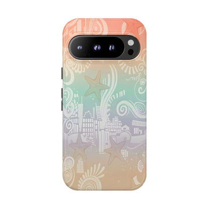 Tough Cases: Pastel Beach Pattern Phone Case — Starfish & Coastal Cityscape Protective Cover