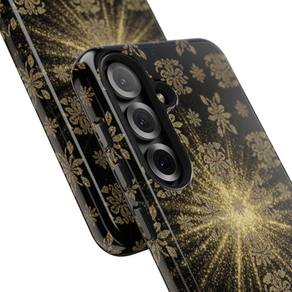 Glitter Burst Tough Phone Case — Black & Gold Floral Protective Cover
