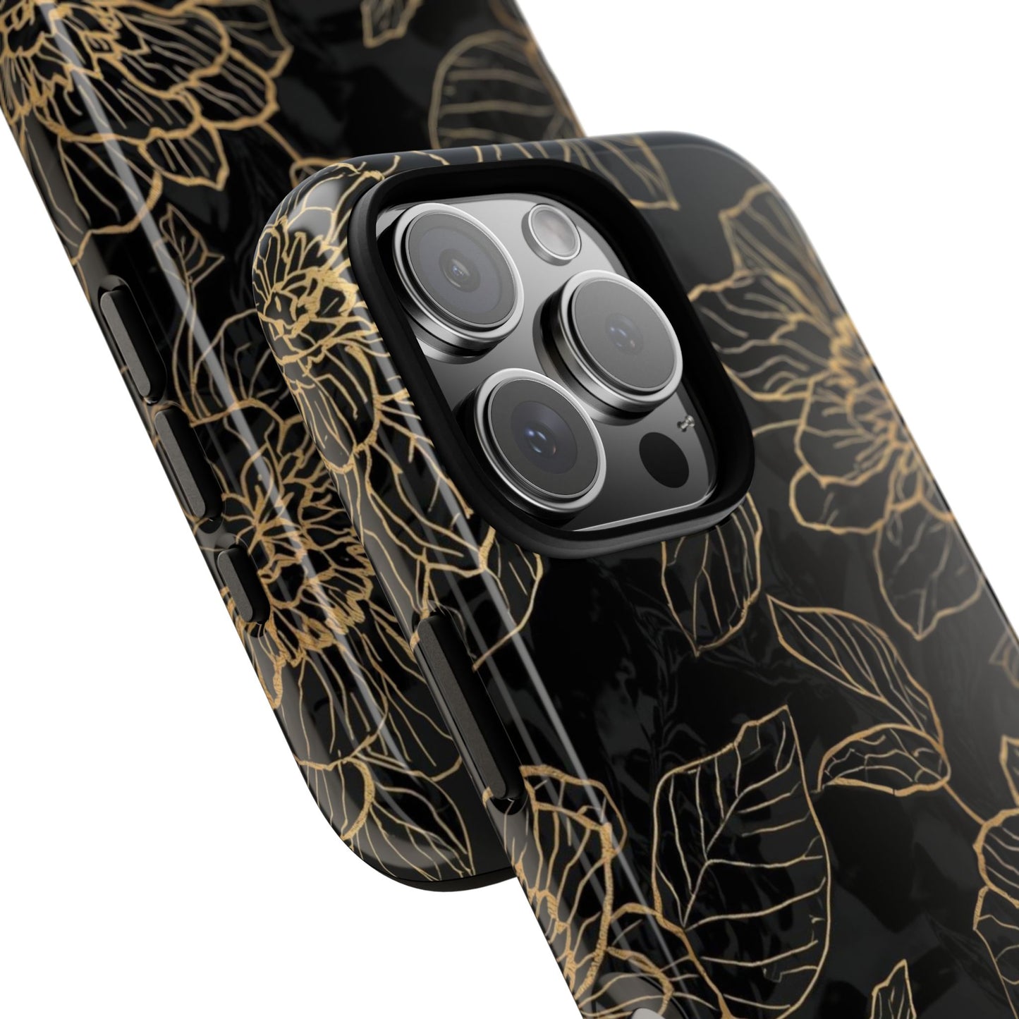 Floral Gold Outline Tough Phone Case – Black Botanical Protective Cover