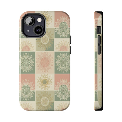 Sunflower Check iPhone Tough Phone Case — Retro Pastel Floral Protective Cover