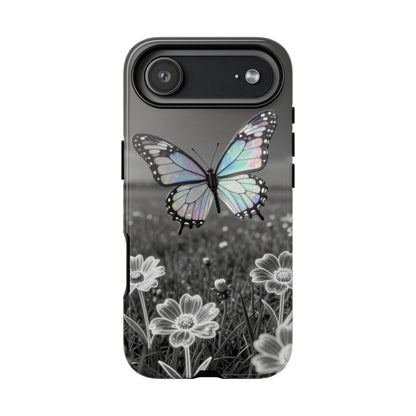 Butterfly Field Tough Phone Case — Pastel Holographic Butterfly on Black & White Floral Background