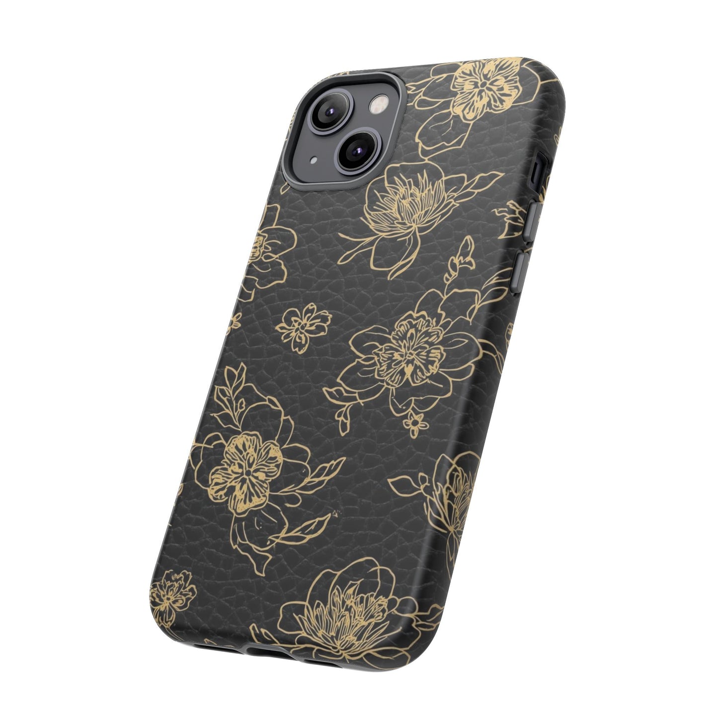 Floral Leather Phone Case — Gold Outline Flowers on Black Tough Case