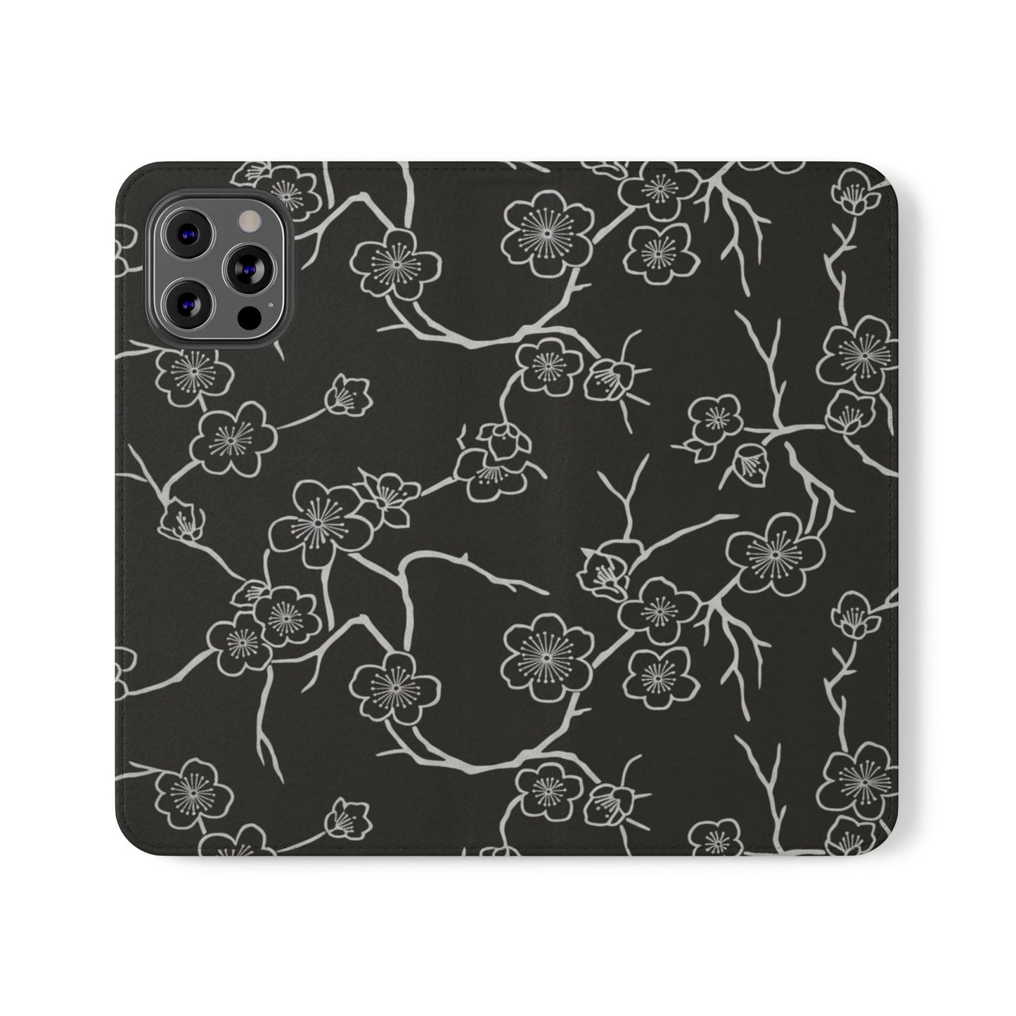 Black Cherry Blossom Flip Phone Case – Floral Wallet Flip Case with Card Slots